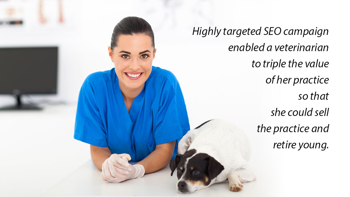 A highly targeted local SEO campaign enabled a veterinarian to triple the value of her practice so that she could sell the practice and retire young.
